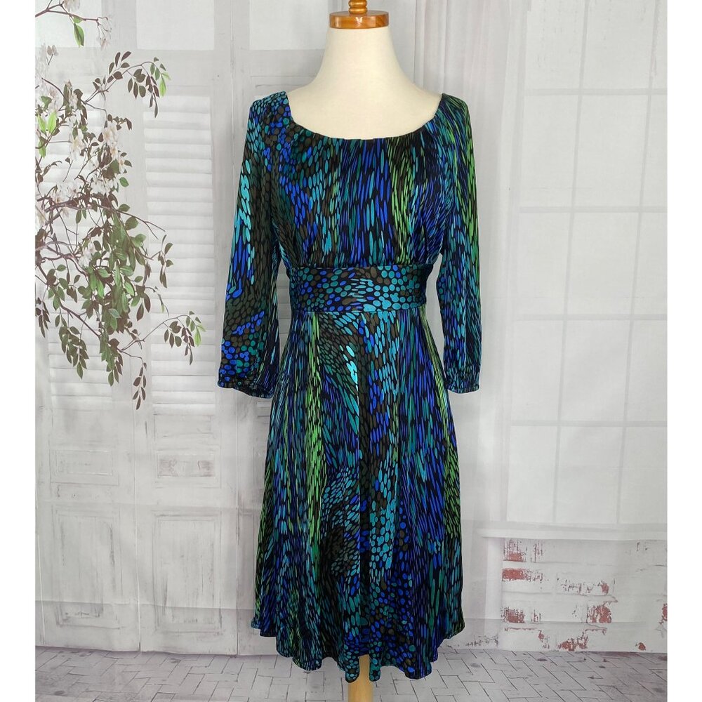 Suzi Chin Maggy Boutique 8 Dress 3/4 Long Sleeve Blue Green Tie Sash Fit & Flare